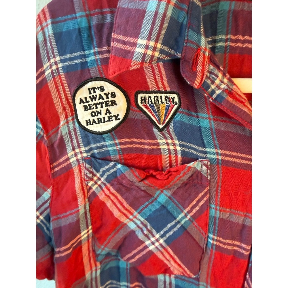 Harley-Davidson Womens XL Plaid Short Sleeve Button Up Shirt Red Blue Rayon - Picture 5 of 8